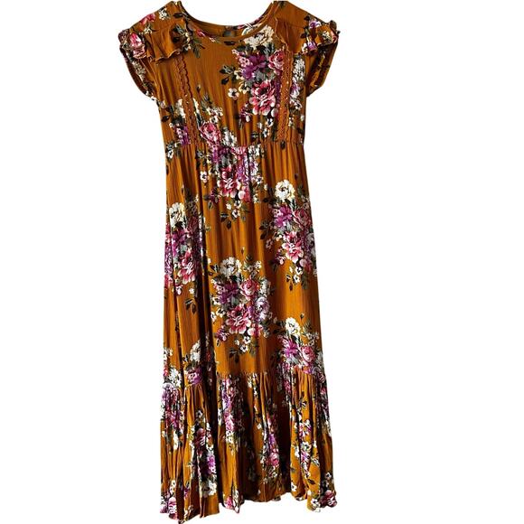NEW Joyfolie Fall Mustard Floral Tiered Max Dress Girl's sz 8 - Picture 1 of 3